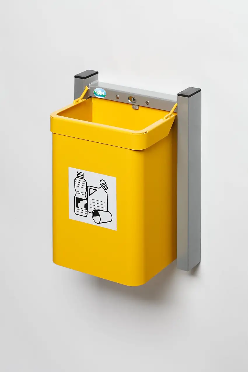 Robuster Abfallsammler 1-Fach mit Wandhalterung | 15 Liter, HxBxT 42,5x31x23cm | Verzinkter Stahl | Gelb