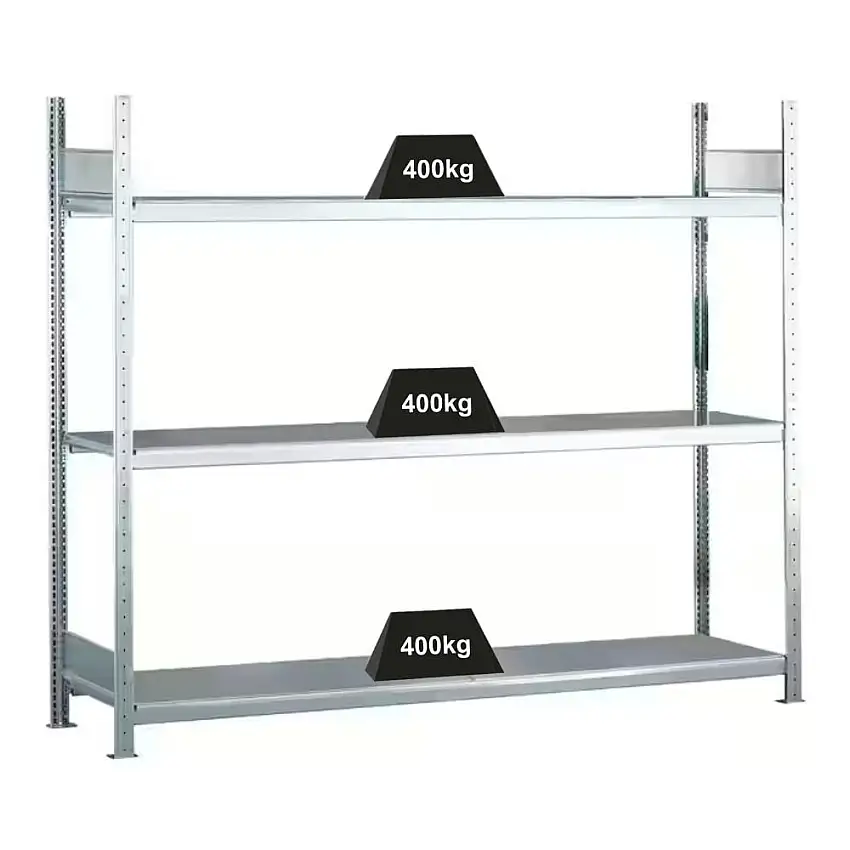 Schulte Weitspannregal mit Stahlböden WS 2000 | Grundregal | HxBxT 200x200x80cm | 3 Ebenen | Fachlast 400kg | Verzinkt
