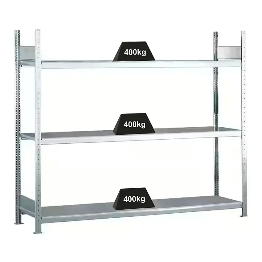 Schulte Weitspannregal mit Stahlböden WS 2000 | Grundregal | HxBxT 200x200x50cm | 3 Ebenen | Fachlast 400kg | Verzinkt