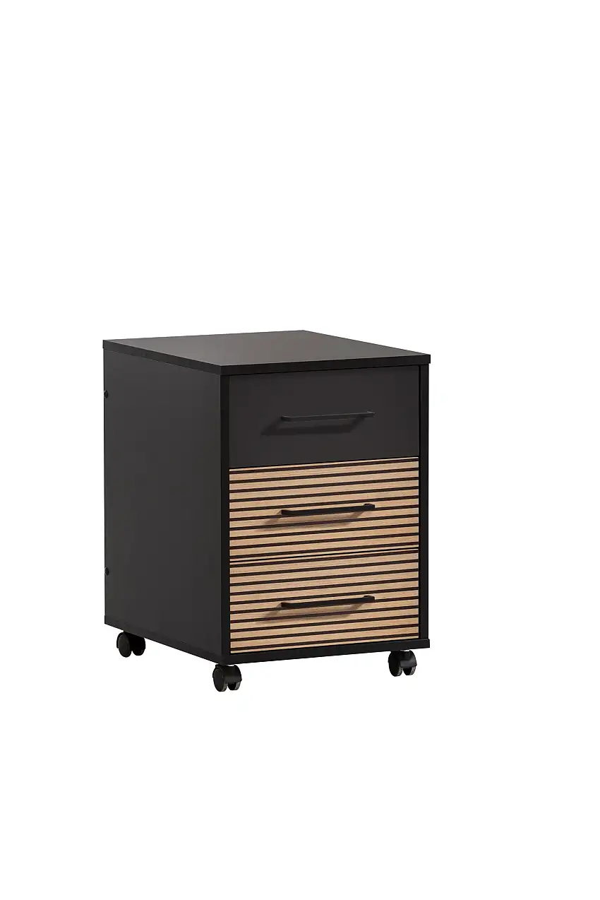 Möbelpartner Rollcontainer Raven | HxBxT 57x40x50cm (Höhe mit Rollen) | 3 Schubladen | Akustikplattenoptik Schwarz
