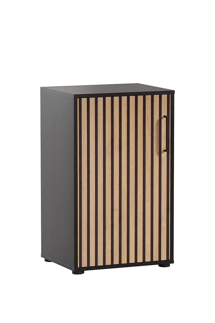 Möbelpartner Aktenschrank Raven | Small | HxBxT 84x51x41cm | 2 Fächern & 1 Flügeltür | Akustikpaneele Eiche/Schwarz