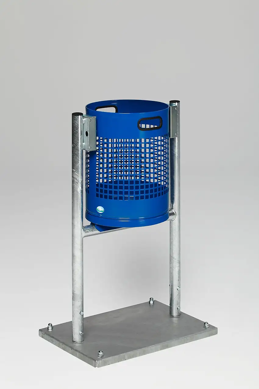 Klassischer gelochter Abfallsammler für Außenbereich | Seitenrohre | mit Bodenplatte | HxBxT 90x49x43cm | Stahl | Blau