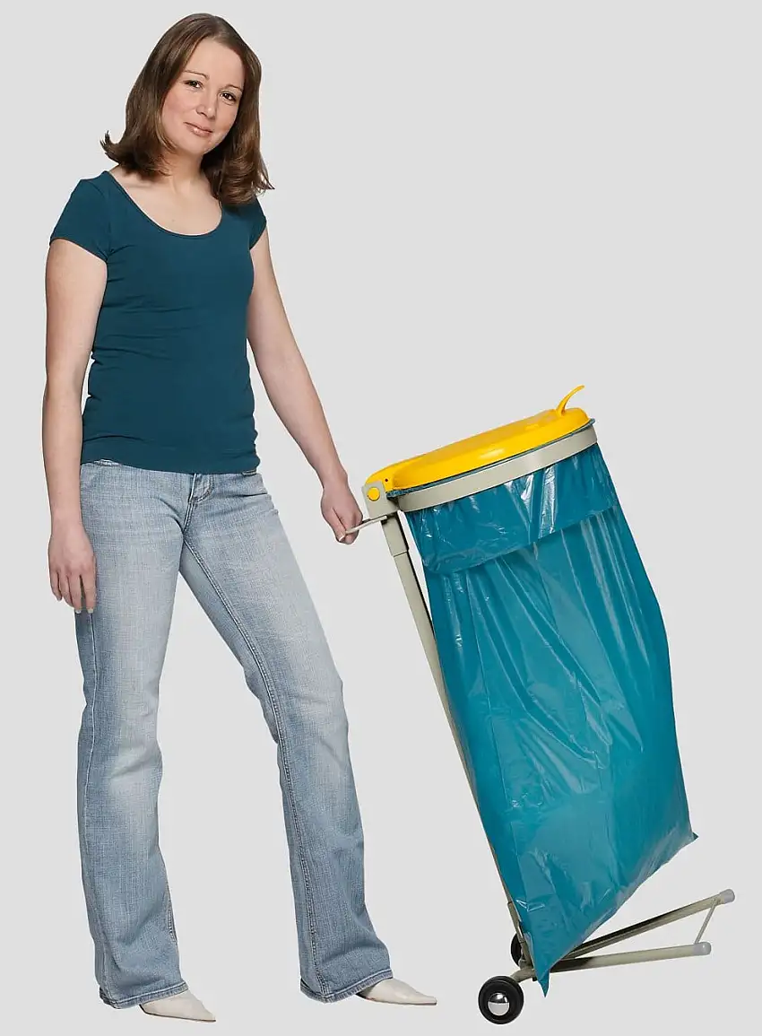 Robuster Abfallsammler für Wertstoffsortierung 1-Fach | Fahrbar, mit Rollen | 120 Liter, HxBxT 92x50x44cm | Stahl | Grau-Gelb