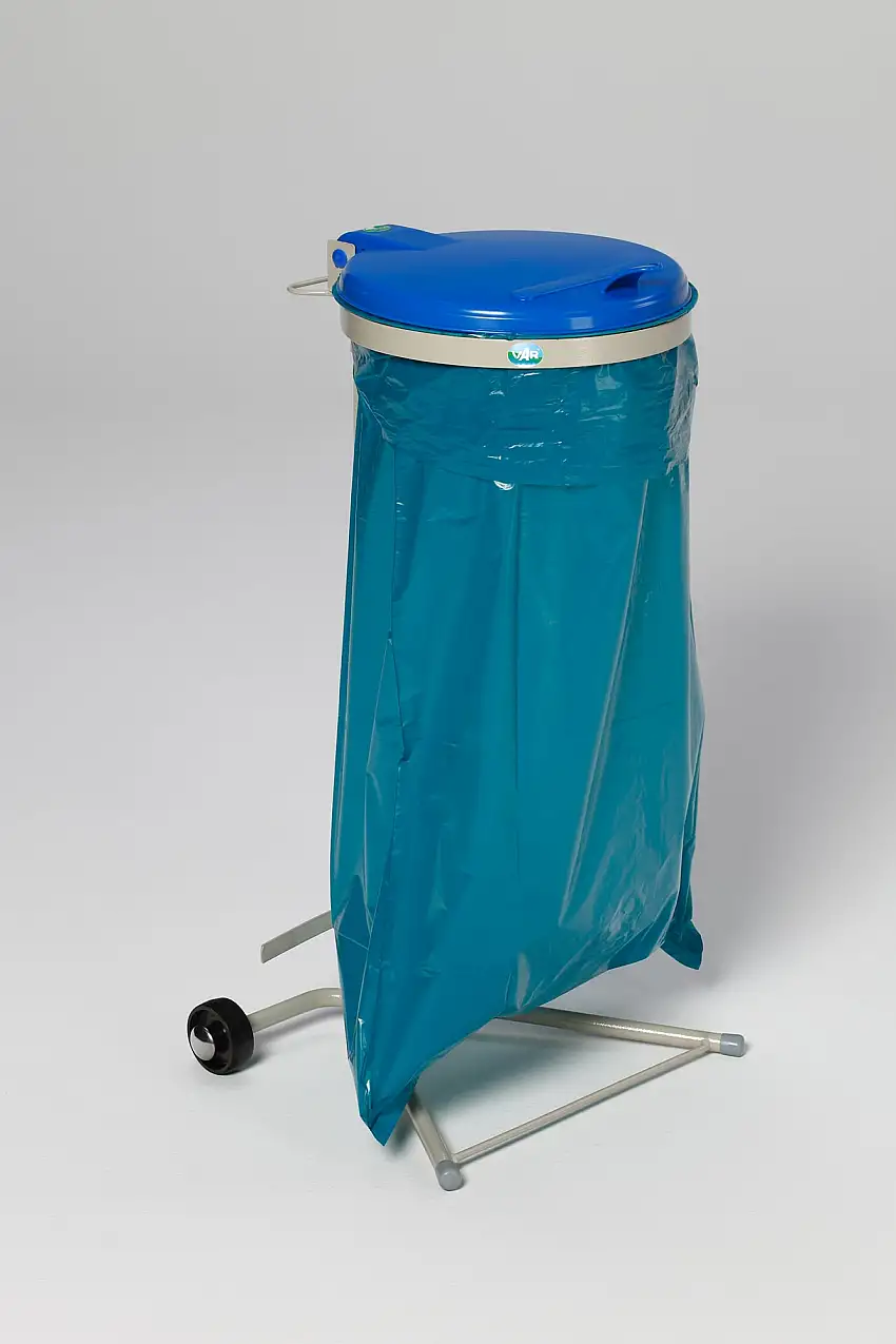 Robuster Abfallsammler für Wertstoffsortierung 1-Fach | Fahrbar, mit Rollen | 120 Liter, HxBxT 92x50x44cm | Stahl | Grau-Blau