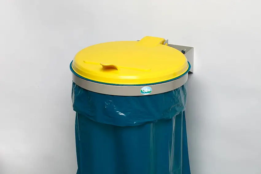 Robuster Abfallsammler für Wertstoffsortierung 1-Fach | Wandhalterung | 120 Liter, BxT 50x51cm | Stahl | Grau-Gelb