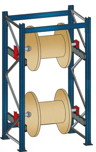Schulte Kabeltrommel-Regal | BlockRoll System, gebremst | Grundregal | HxBxT 250x137x104,5cm | 2 Kabeltrommelachsen | Achsdurchmesser 60mm | Traglast 1000kg