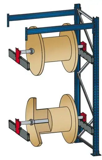 Schulte Kabeltrommel-Regal | BlockRoll System, gebremst | Anbauregal | HxBxT 250x137x104,5cm | 2 Kabeltrommelachsen | Achsdurchmesser 60mm | Traglast 1000kg