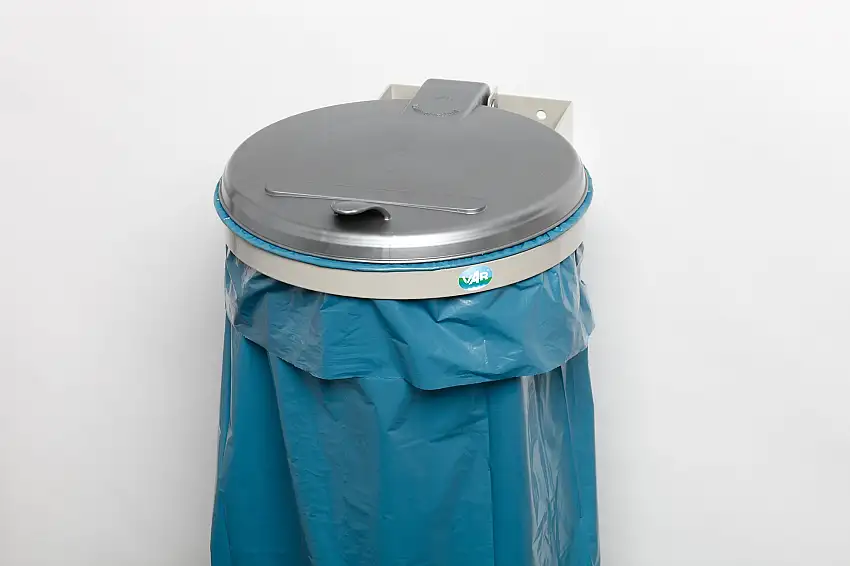 Robuster Abfallsammler für Wertstoffsortierung 1-Fach | Wandhalterung | 120 Liter, BxT 50x51cm | Stahl | Grau-Silber