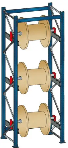 Schulte Kabeltrommel-Regal | BlockRoll System, gebremst | Grundregal | HxBxT 360x137x104,5cm | 3 Kabeltrommelachsen | Achsdurchmesser 60mm | Traglast 1000kg