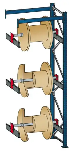 Schulte Kabeltrommel-Regal | BlockRoll System, gebremst | Anbauregal | HxBxT 360x137x104,5cm | 3 Kabeltrommelachsen | Achsdurchmesser 60mm | Traglast 1000kg