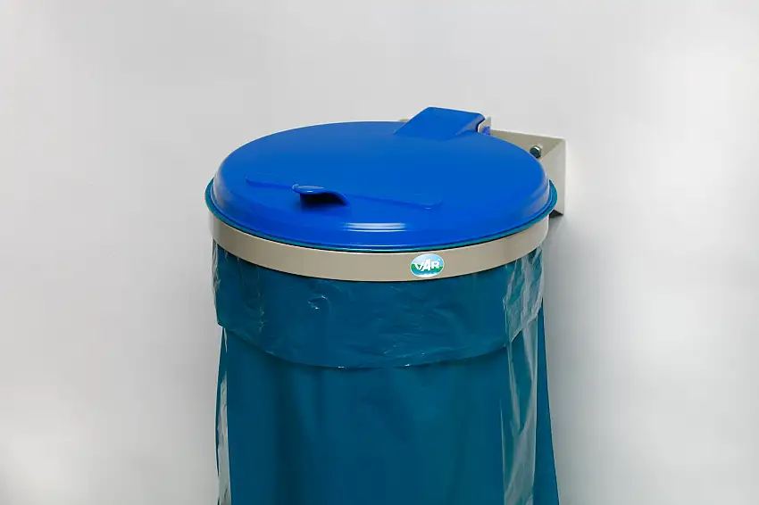 Robuster Abfallsammler für Wertstoffsortierung 1-Fach | Wandhalterung | 120 Liter, BxT 50x51cm | Stahl | Grau-Blau