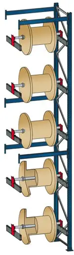 Schulte Kabeltrommel-Regal | BlockRoll System, gebremst | Anbauregal | HxBxT 550x137x104,5cm | 5 Kabeltrommelachsen | Achsdurchmesser 60mm | Traglast 1000kg