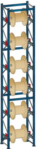 Schulte Kabeltrommel-Regal | BlockRoll System, gebremst | Grundregal | HxBxT 600x117x104,5cm | 6 Kabeltrommelachsen | Achsdurchmesser 60mm | Traglast 1000kg