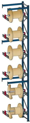 Schulte Kabeltrommel-Regal | BlockRoll System, gebremst | Anbauregal | HxBxT 600x87x104,5cm | 6 Kabeltrommelachsen | Achsdurchmesser 34mm | Traglast 1000kg