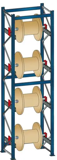 Schulte Kabeltrommel-Regal | BlockRoll System, gebremst | Grundregal | HxBxT 410x117x104,5cm | 4 Kabeltrommelachsen | Achsdurchmesser 60mm | Traglast 1000kg