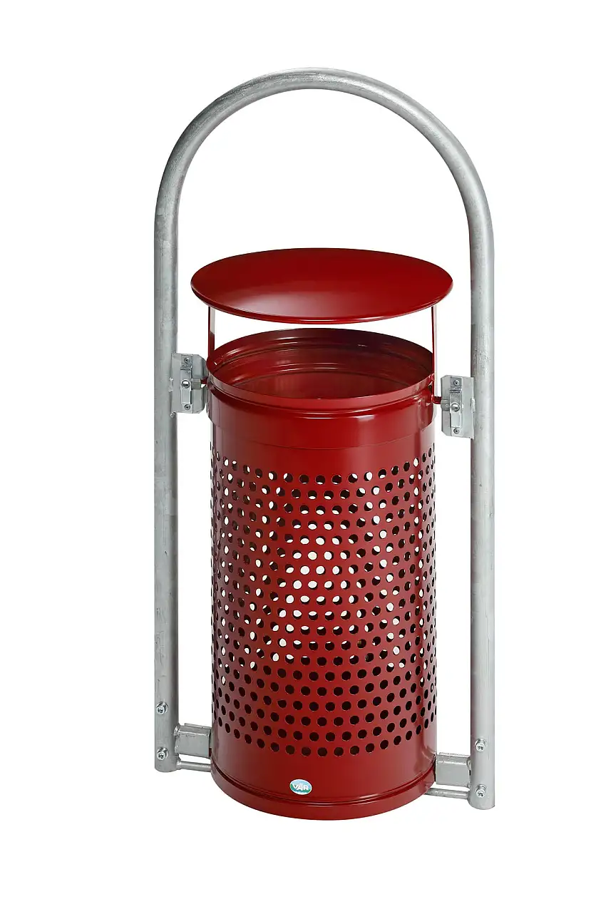Abfallsammler mit Rohrbogenständer | zum Einbetonieren | 60/70 Liter, HxBxT 116,5x58x38cm | Verzinkter Stahl | Rot