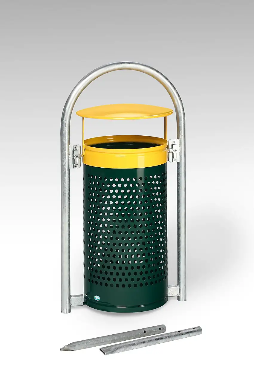 Abfallsammler mit Rohrbogenständer | zum Einbetonieren | 60/70 Liter, HxBxT 116,5x58x38cm | Verzinkter Stahl | Grün-Gelb