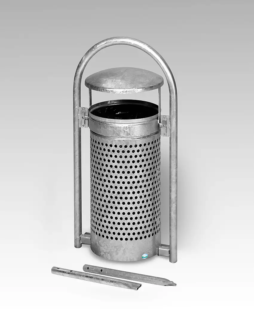 Abfallsammler mit Rohrbogenständer | zum Einbetonieren | 60/70 Liter, HxBxT 116,5x58x38cm | Verzinkter Stahl | Feuerverzinkt