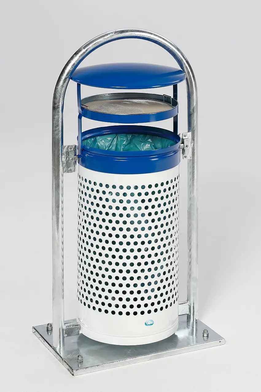 Abfallsammler mit Rohrbogenständer + Aschereinsatz | 60/70 Liter, HxBxT 116,5x58x38cm | Verzinkter Stahl | Weiß-Blau