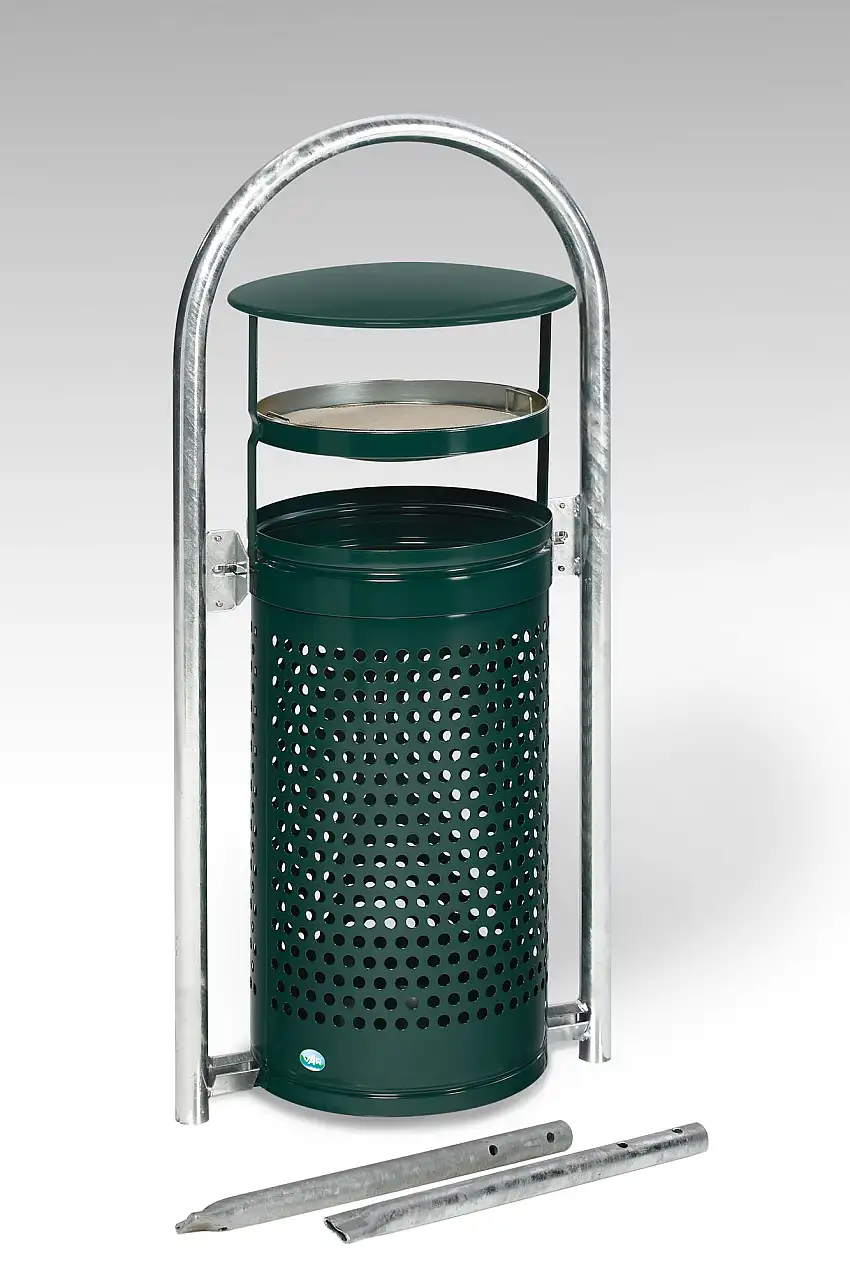 Abfallsammler mit Rohrbogenständer + Aschereinsatz | zum Einbetonieren | 60/70 Liter, HxBxT 116,5x58x38cm | Verzinkter Stahl | Grün