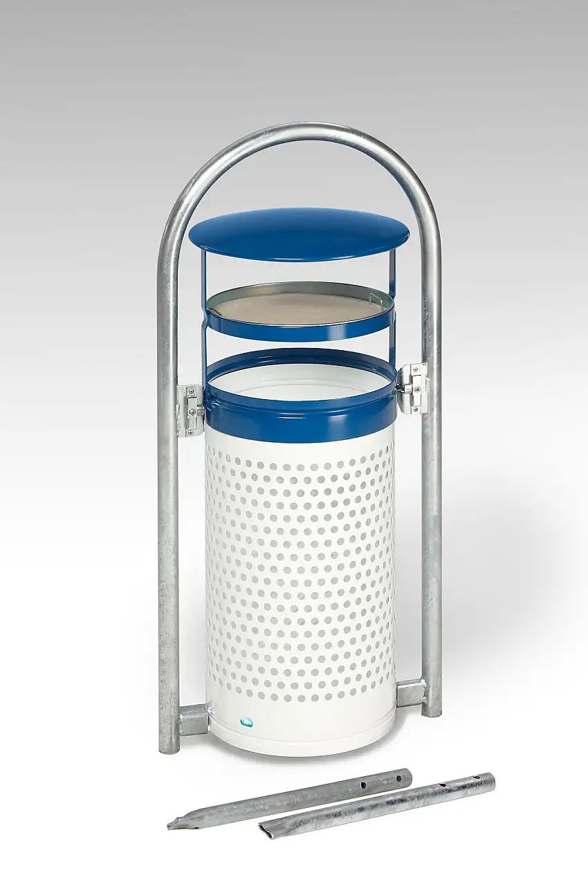 Abfallsammler mit Rohrbogenständer + Aschereinsatz | zum Einbetonieren | 60/70 Liter, HxBxT 116,5x58x38cm | Verzinkter Stahl | Weiß-Blau
