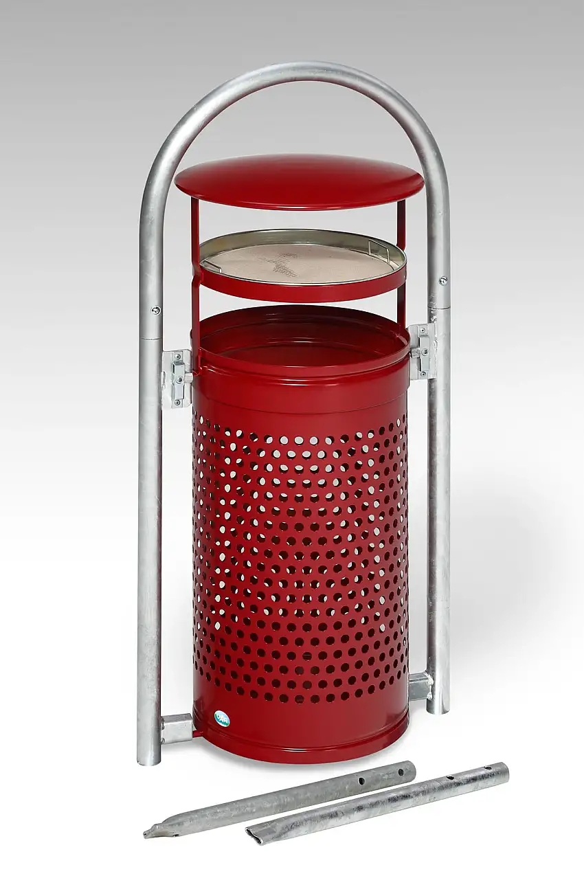 Abfallsammler mit Rohrbogenständer + Aschereinsatz | zum Einbetonieren | 60/70 Liter, HxBxT 116,5x58x38cm | Verzinkter Stahl | Rot