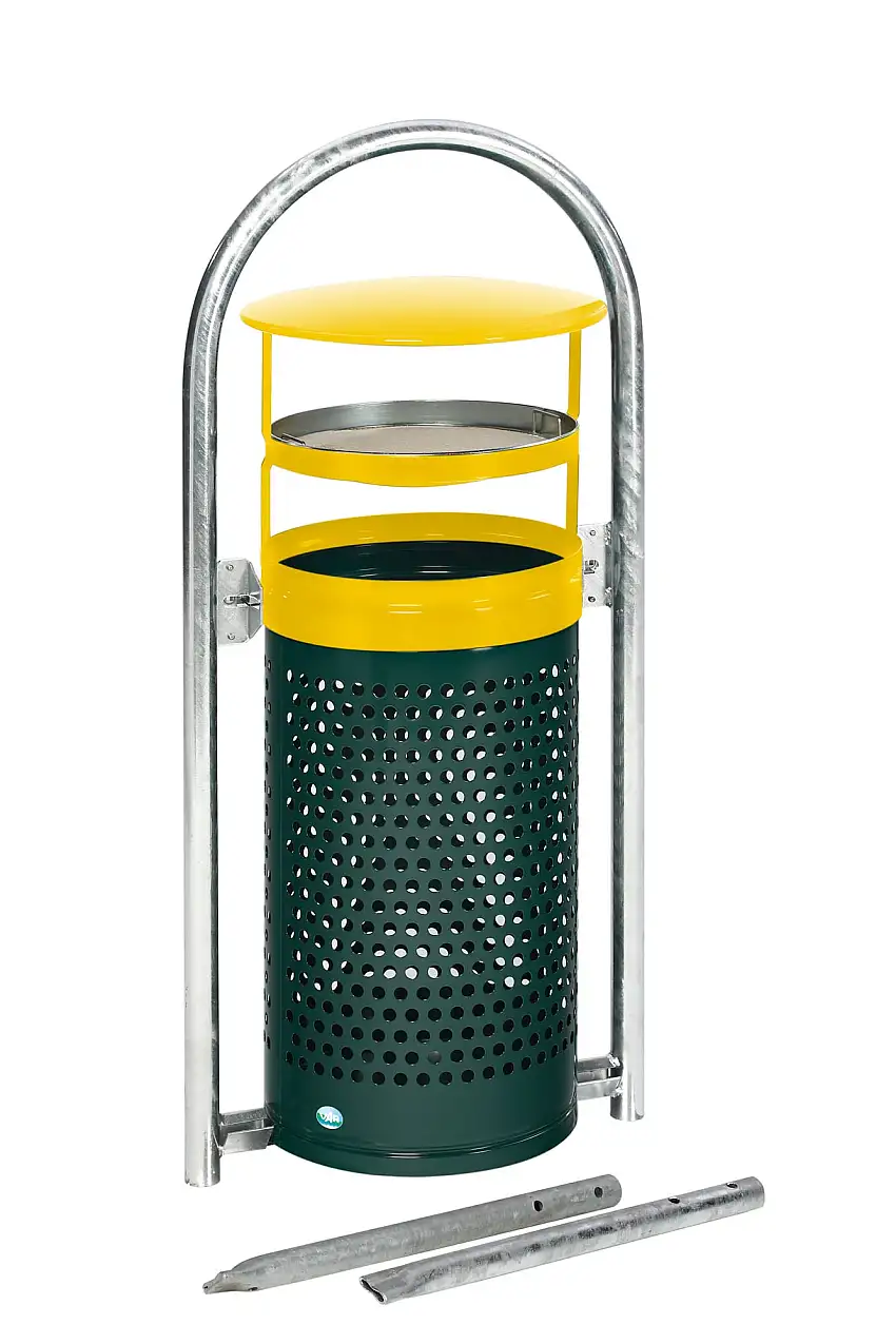 Abfallsammler mit Rohrbogenständer + Aschereinsatz | zum Einbetonieren | 60/70 Liter, HxBxT 116,5x58x38cm | Verzinkter Stahl | Grün-Gelb