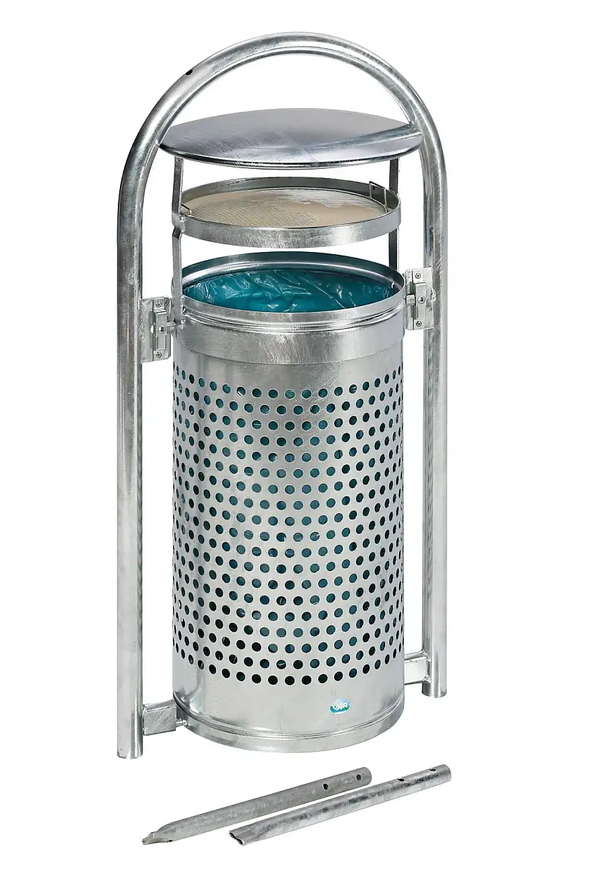 Abfallsammler mit Rohrbogenständer + Aschereinsatz | zum Einbetonieren | 60/70 Liter, HxBxT 116,5x58x38cm | Verzinkter Stahl | Feuerverzinkt