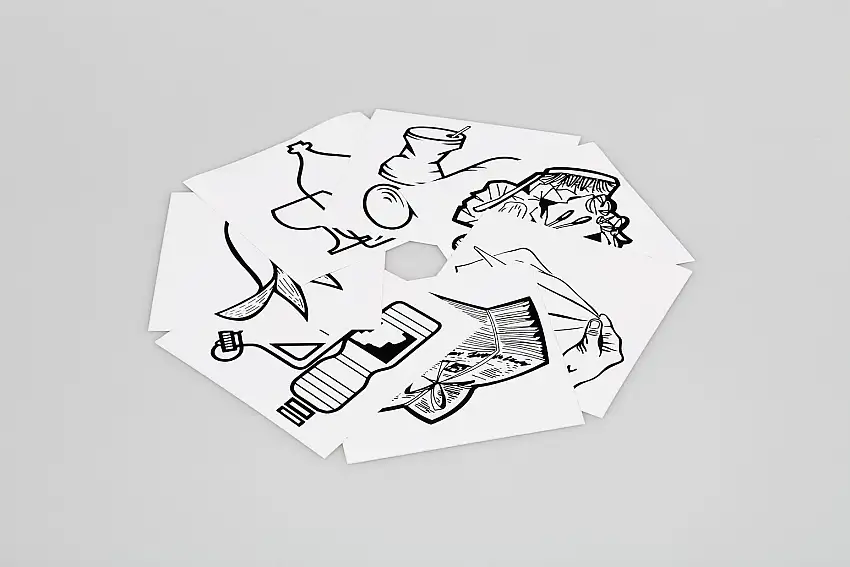 Piktogramm-Aufklebersatz 7-Fach |Wertstoffe, Papier, Restmüll, Glas, Metall, Biomüll, Putztücher | Schwarz-Weiß
