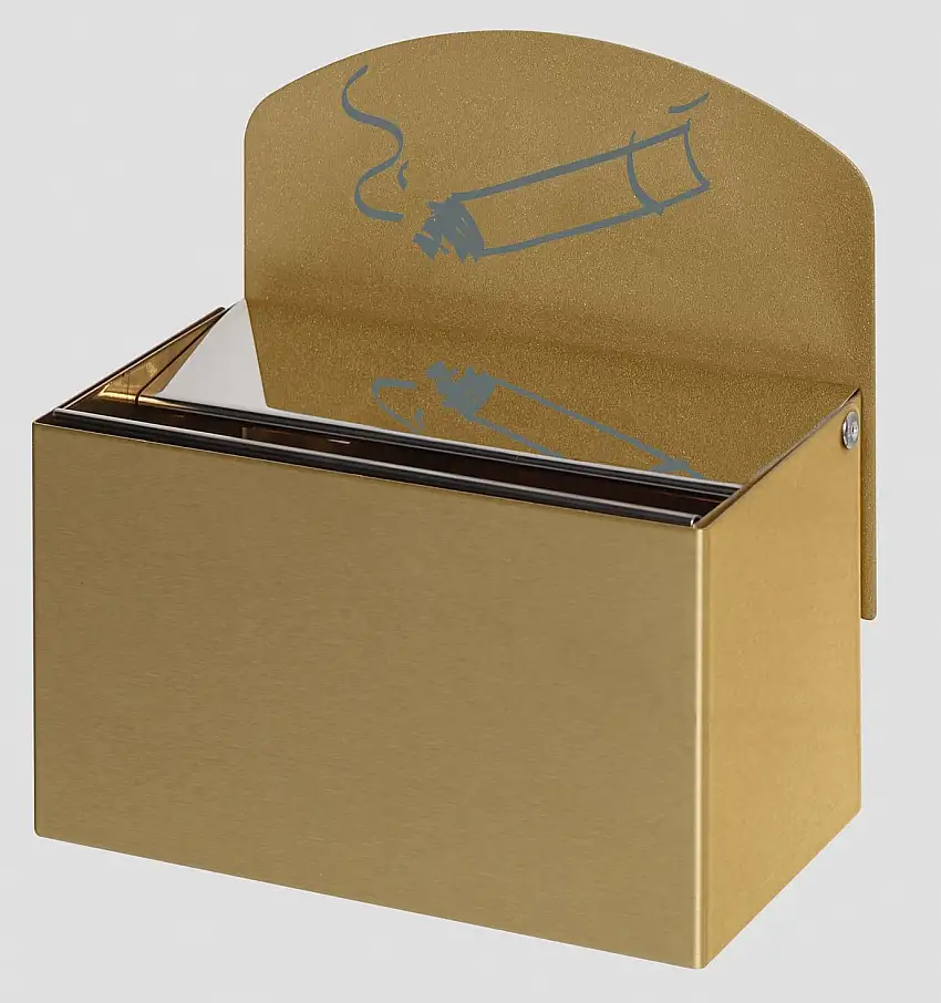 Robuster Wandascher mit Hinweisschild + Aufklebern | Wandmontage | 0,4 Liter, HxBxT 16x14x9,8cm | Messing | Aschereinsatz Stahl