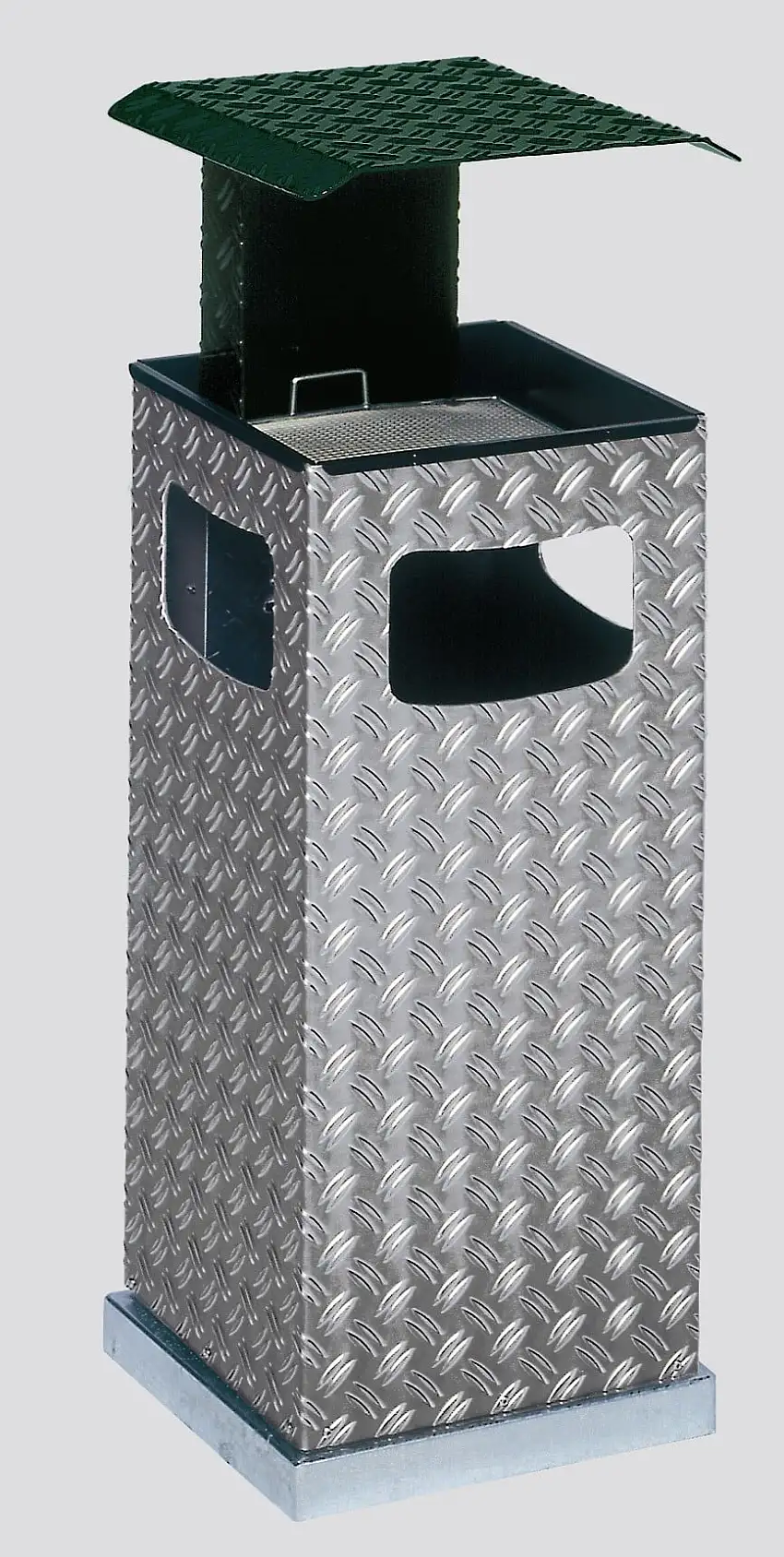 Kombiascher mit 3-Fach Einwurf + Schutzdach | 38 Liter, HxBxT 95x44x44cm | Aluminium-Duett-Blech | Dach Grün