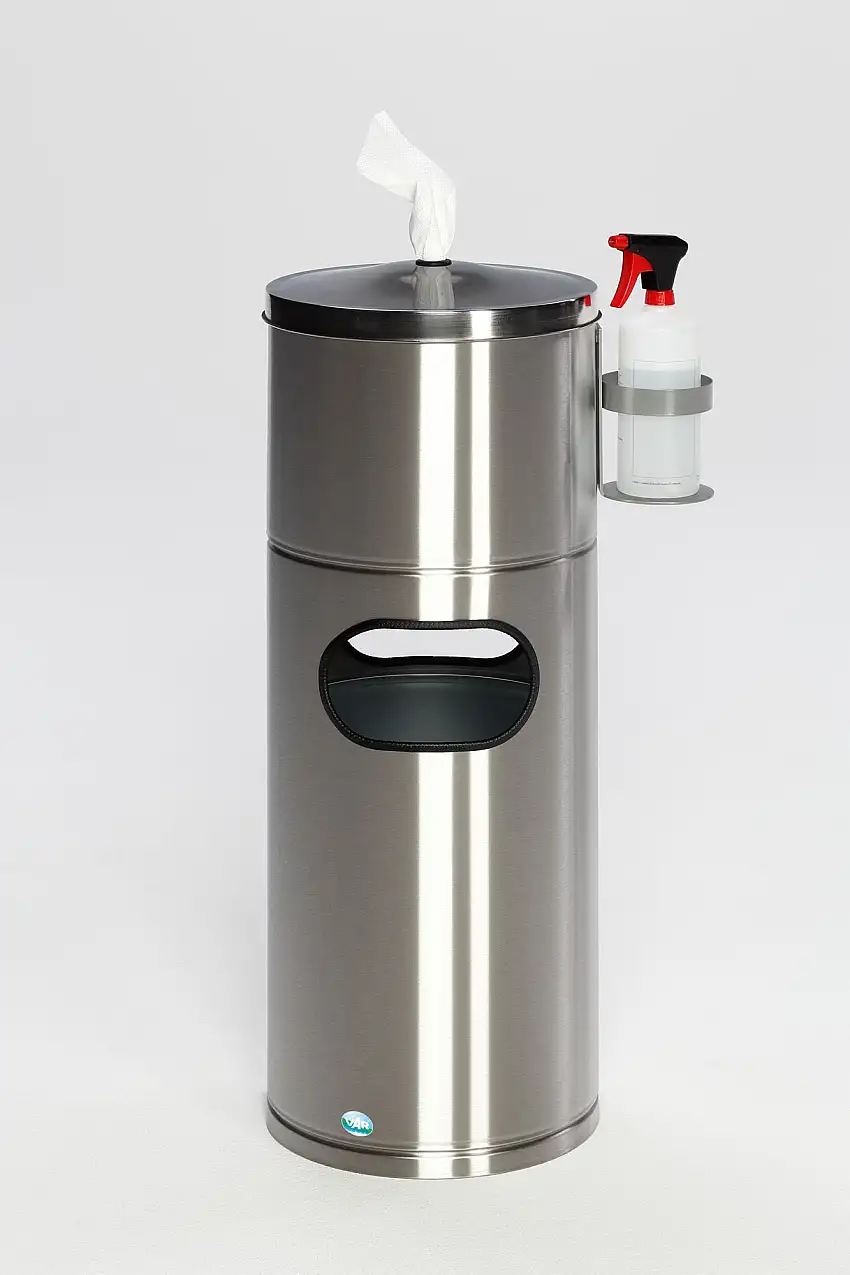 Desinfektionsstation für Papiertücher mit Flaschenhalter & Inneneinsatz | 32 Liter, HxBxT 90x46x35cm | Edelstahl | Silber