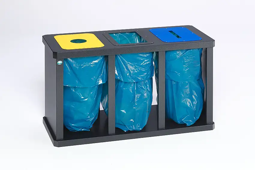 Robuste Wertstoffsammelstation 3-Fach mit Klemmring | HxBxT 67x120x52cm | Verzinkter Stahl | Grau