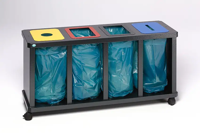 Robuste Wertstoffsammelstation 4-Fach mit Klemmring | HxBxT 67x157x52cm | Verzinkter Stahl | Grau