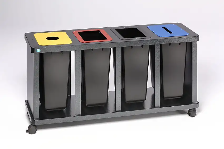 Robuste Wertstoffsammelstation 4-Fach mit Behälter | 58 Liter, HxBxT 67x157x52cm | Verzinkter Stahl | Grau