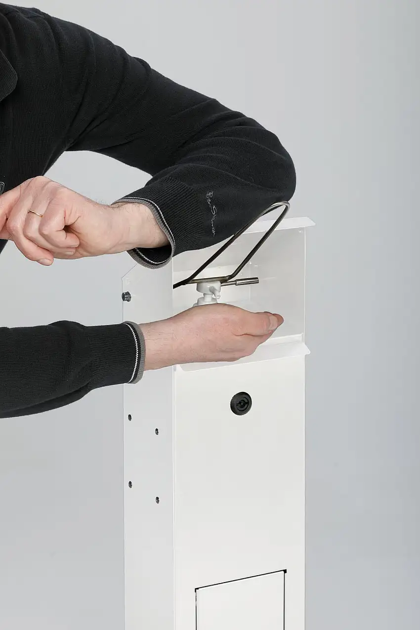 Robuster Handdesinfektionsspender mit Abfallsammler | Bodenmontage | HxBxT 115x33,5x33,5cm | Verzinkter Stahl | Weiß