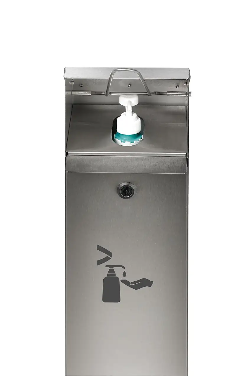 Robuster Handdesinfektionsspender mit Hubmechanismus | Bodenmontage | HxBxT 115x18x13cm | Edelstahl | Silber