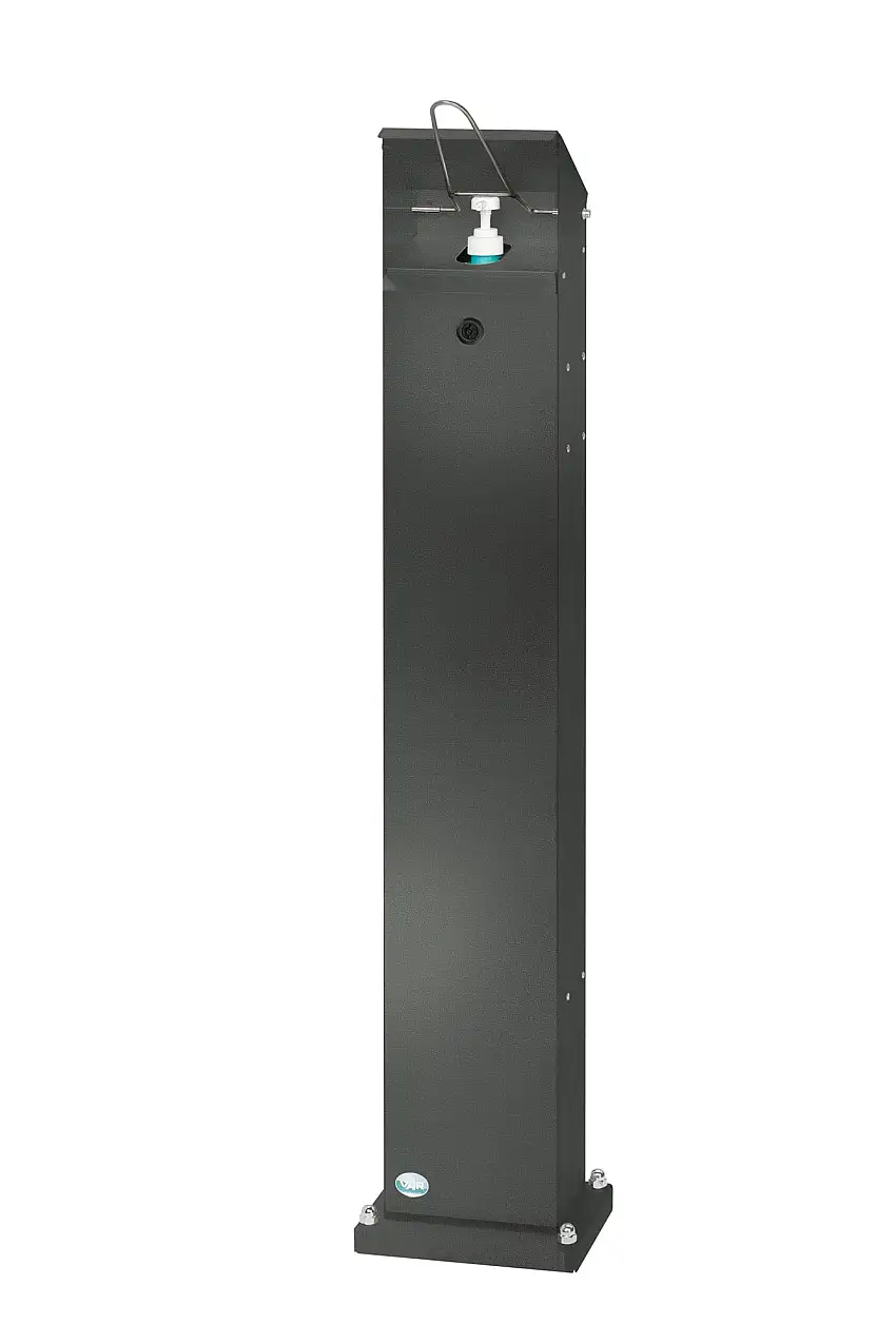 Robuster Handdesinfektionsspender mit Hubmechanismus | Bodenmontage | HxBxT 115x18x13cm | Verzinkter Stahl | Grau