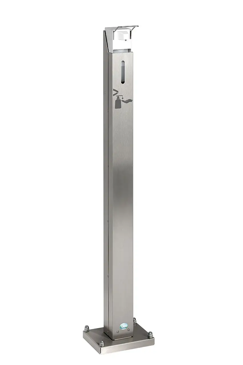 Robuster Handdesinfektionsspender mit Spender | Bodenmontage | HxBxT 120x18x23cm | Edelstahl | Silber