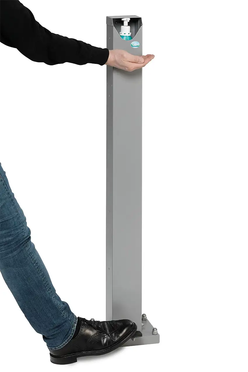 Robuster Handdesinfektionsspender mit Pedal | Bodenmontage | HxBxT 120x34x34cm | Verzinkter Stahl | Silber