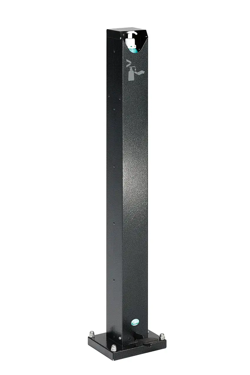 Robuster Handdesinfektionsspender mit Pedal | Bodenmontage | HxBxT 120x34x34cm | Verzinkter Stahl | Grau