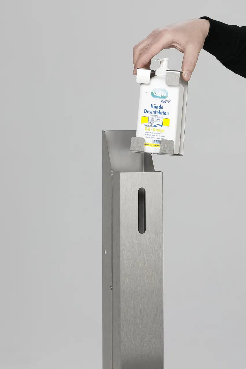Robuster Handdesinfektionsspender mit Schloss | Bodenmontage | HxBxT 122x23x18cm | Edelstahl | Silber