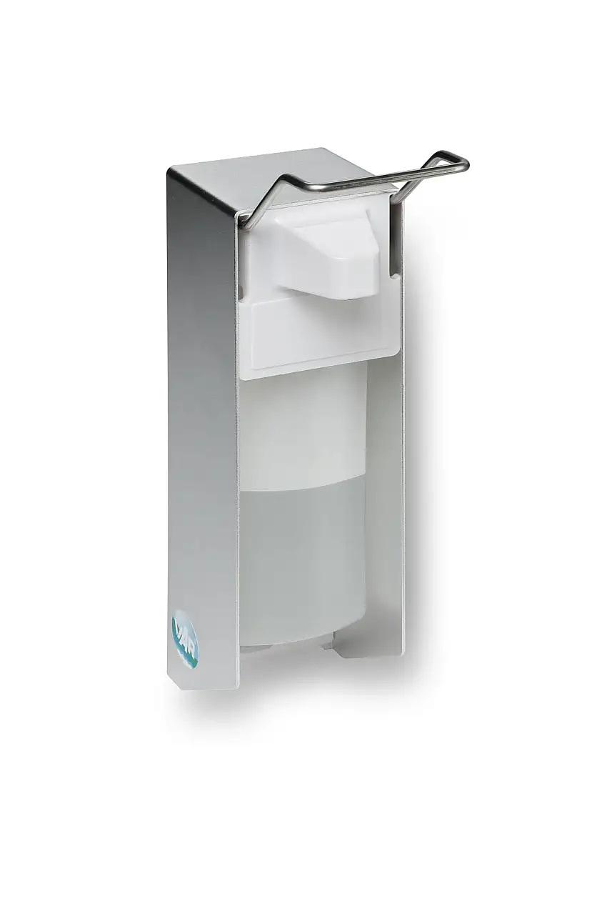 Robuster Handdesinfektionsspender mit Behälter | Wandmontage | HxBxT 25x8x21cm | Aluminium | Silber
