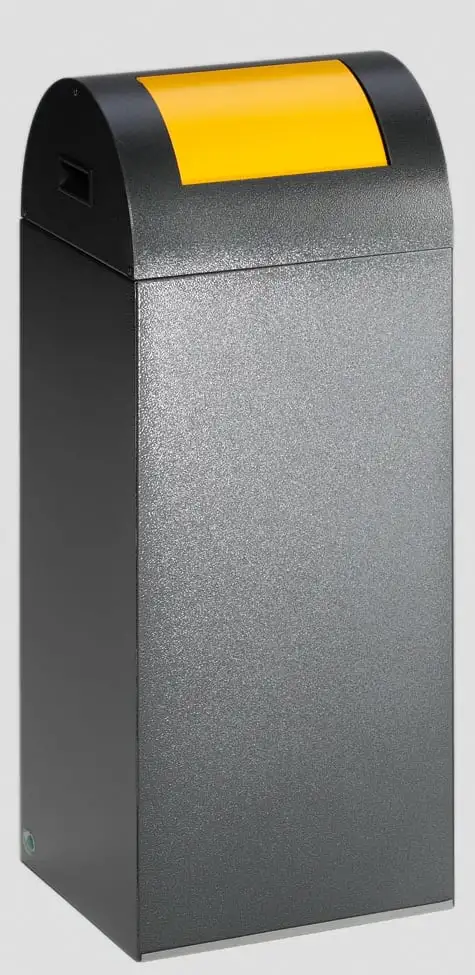 Selbstlöschender Wertstoffsammler rund mit Einwurfklappe | 60 Liter, HxBxT 80x32x32cm | Verzinkter Stahl | Grau-Gelb