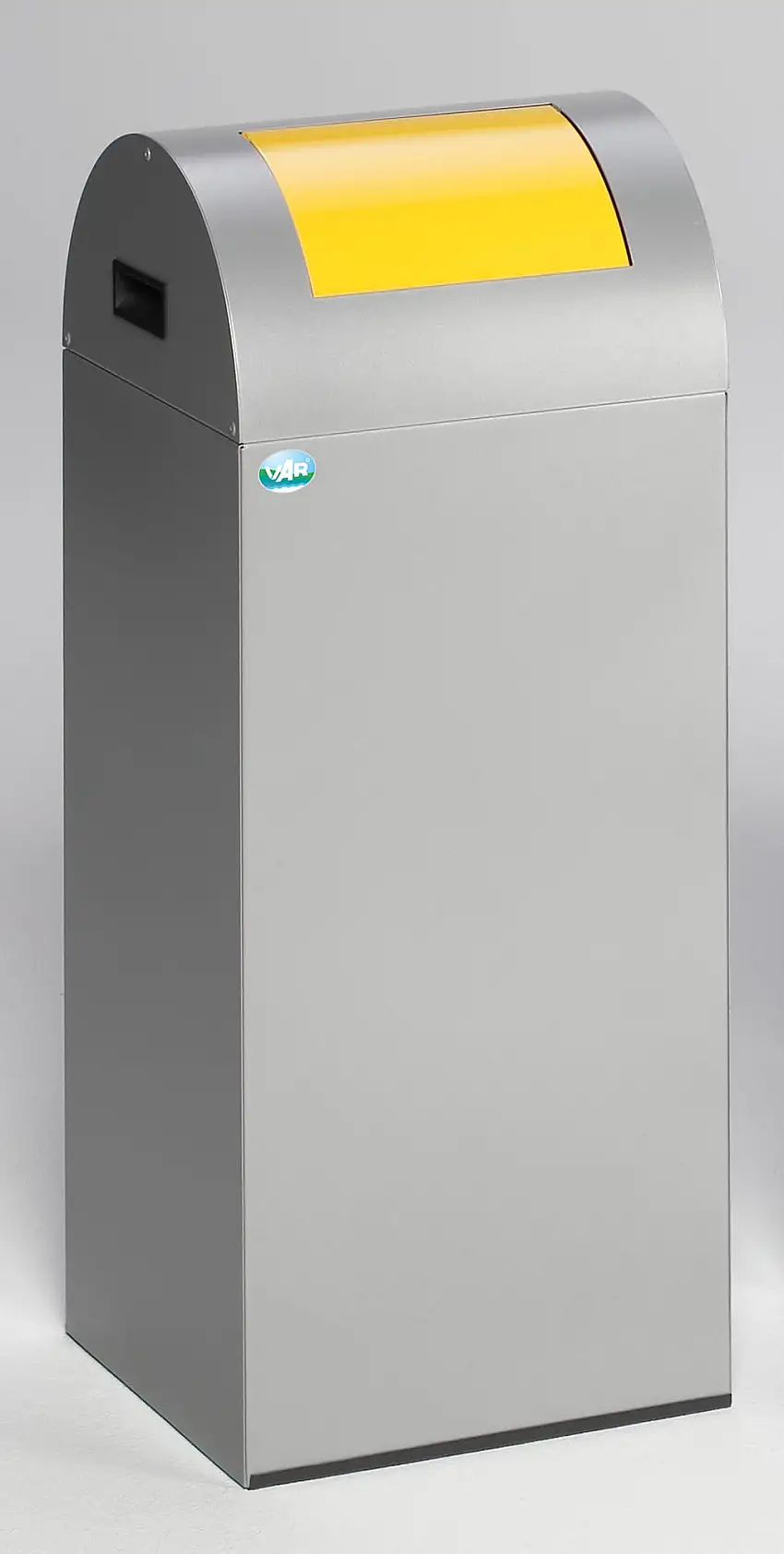Selbstlöschender Wertstoffsammler rund mit Einwurfklappe | 60 Liter, HxBxT 80x32x32cm | Verzinkter Stahl | Silber-Gelb