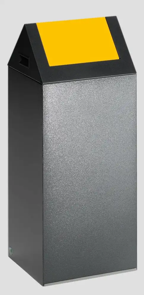 Selbstlöschender Wertstoffsammler spitz mit Einwurfklappe | 60 Liter, HxBxT 80x32x32cm | Verzinkter Stahl | Grau-Gelb