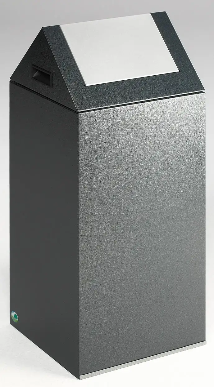 Selbstlöschender Wertstoffsammler spitz mit Einwurfklappe | 60 Liter, HxBxT 80x32x32cm | Verzinkter Stahl | Grau-Silber
