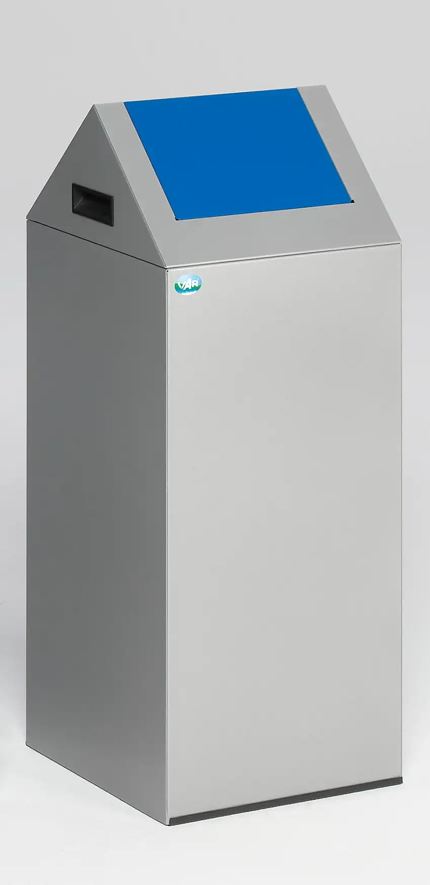 Selbstlöschender Wertstoffsammler spitz mit Einwurfklappe | 60 Liter, HxBxT 80x32x32cm | Verzinkter Stahl | Silber-Blau