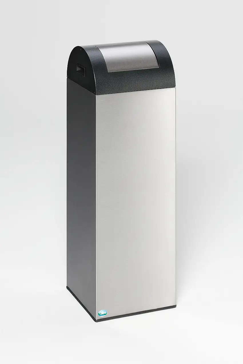 Selbstlöschender Wertstoffsammler rund mit Einwurfklappe | 89 Liter, HxBxT 104,5x32x32cm | Edelstahl | Grau