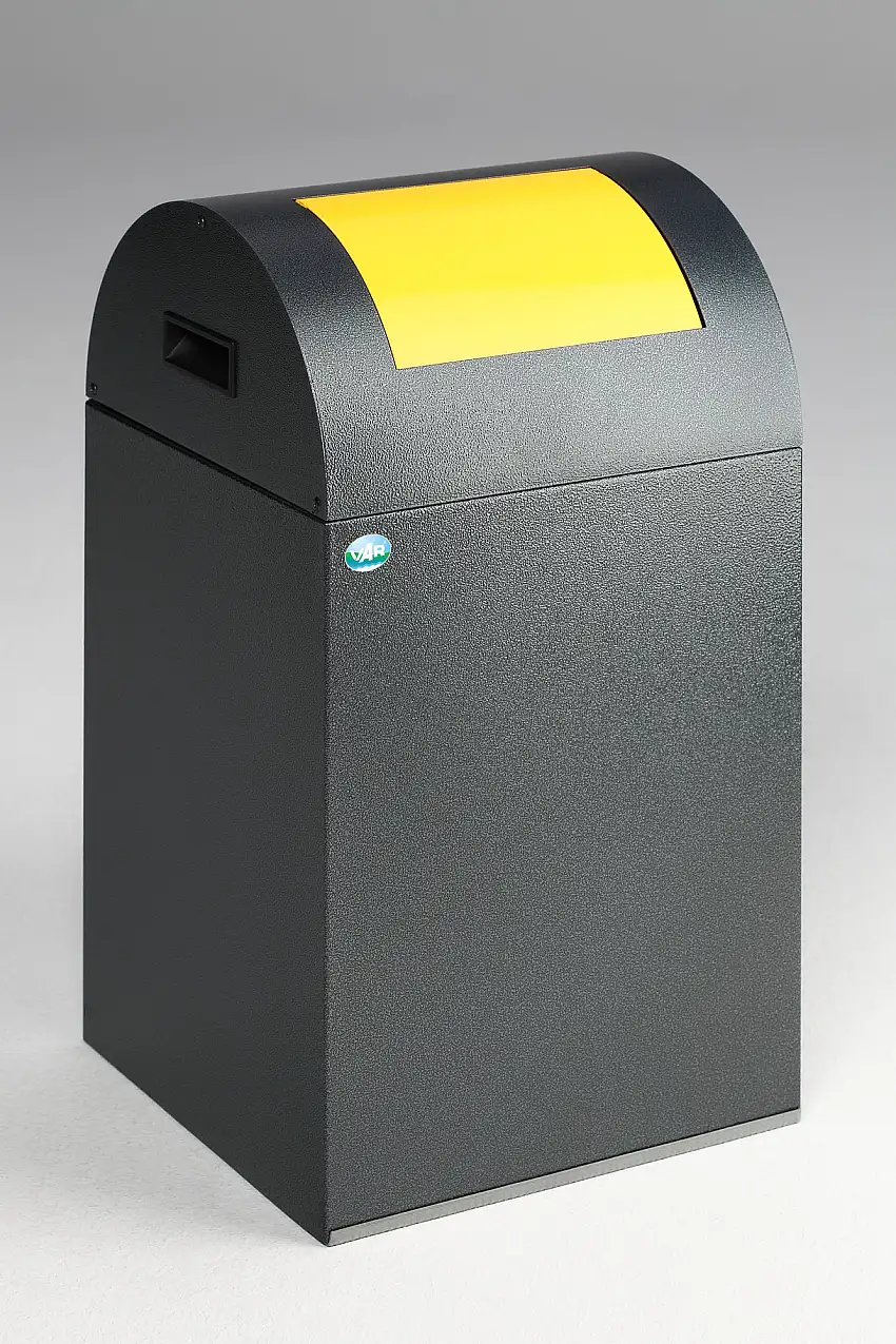 Selbstlöschender Wertstoffsammler rund mit Einwurfklappe | 89 Liter, HxBxT 104,5x32x32cm | Verzinkter Stahl | Grau-Gelb
